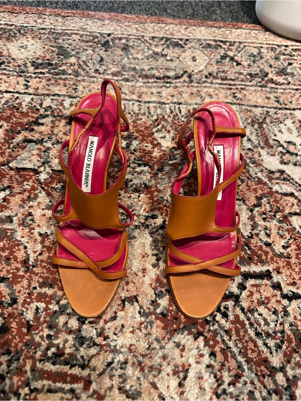 Manolo Blahnik Pink and Tan Strappy Leather Heels